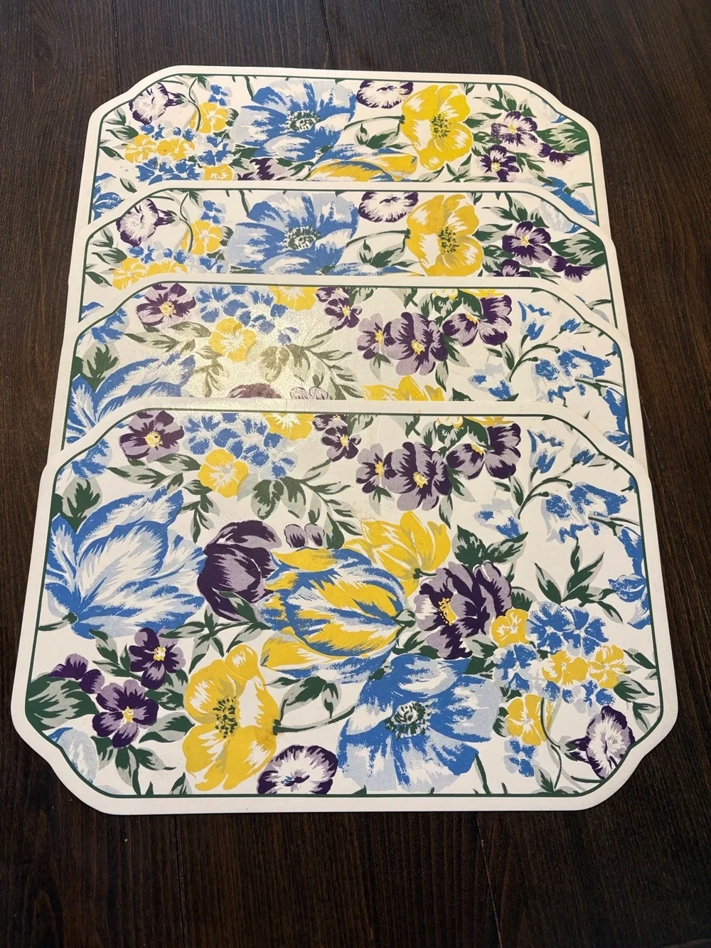 Vintage 80s Floral Vinyl Placemats Set of 4 Blue Yellow Purple Cottagecore